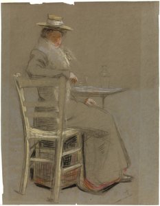 Kvinde siddende ved et bord af Unknown artist