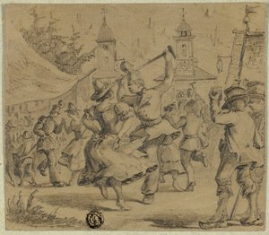 Kvinder og soldater danser på landsbytorvet af Unknown artist