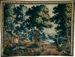 Skovområde med en dam af Unknown artist