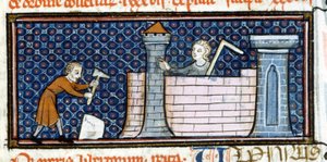 Arbejdere bygger et befæstet kloster, miniature fra midten af det 13. århundrede. Biblioteca Trivulziana. af Unknown artist