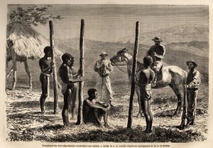 Arbejdere fra De Nye Hebrider (eller siden 1980 Republikken Vanuatu, en melanesisk øgruppe i det nordlige Ny Kaledonien), bygger et hus, som forfatteren møder under en udflugt på hesteryg. Gravure pour illustrrer le voyage à la Nouvelle Caledonie, af Unknown artist