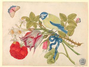 Gul-og-blå fugl på buket med roser, tulipaner og påskeliljer, med sommerfugle af Unknown artist