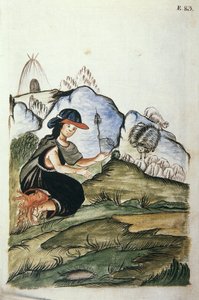 Ung indisk hyrdinde kvinde, der føder i naturen, fra bogen "Trujillo del Peru" eller "Códice Martínez Compañón", af Baltazar Martinez Compañón y Bujanda, biskop af Trujillo (1782-1785) af Unknown artist