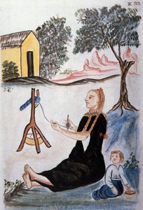 Ung indisk kvinde, der spinder uld, fra bogen "Trujillo del Peru" eller "Códice Martínez Compañón", af Baltazar Martinez Compañón y Bujanda, biskop af Trujillo (1782-1785) af Unknown artist