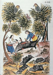 Unge indianere, der slagter et vildsvin, fra bogen "Trujillo del Peru" eller "Códice Martínez Compañón", af Baltazar Martinez Compañón y Bujanda, biskop af Trujillo (1782-1785) af Unknown artist
