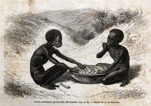 Unge tiggere fra Kychi-stammen (beliggende i Upper Nile-regionen) tager et måltid udveksling for et par bundter. Gravering til illustration af rejsen til Lake Albert af Unknown artist