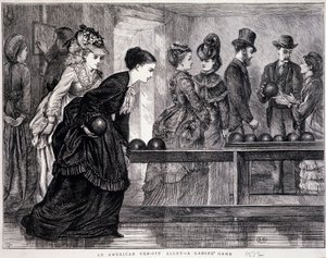 Unge kvinder, der spiller bowling, i USA, omkring 1870 - gravering af Unknown artist