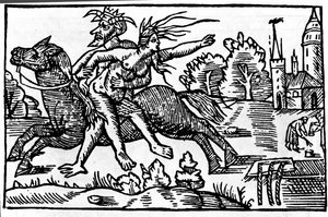 djævelen tager en heks fra en hest og tager hende til helvede. Xylografi af det 16. århundrede af Unknown artist