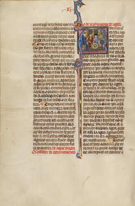 Initial A: En dommer og to mænd, der peger på en akvadukt og et møllehjul af Unknown artist/maker