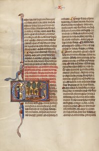 Initial C: To mænd taler til to unge, og en mand ligger på jorden, mens en anden mand går væk med en høtyv. af Unknown artist/maker