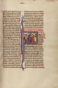 Initial F: Tre mænd og et barn foran en dommer og Tre mænd og et barn foran et alter af Unknown artist/maker