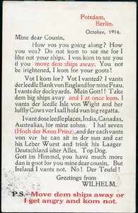 Første Verdenskrig: Frankrig, komediekort, der viser en tale af William II på engelsk med tysk accent af Unknown photographer