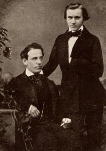 Johannes Brahms (1833-1897), tysk komponist, stående sammen med den flygtede ungarske violinist Eduard Remenyi (1828-1898), som han var på turné med (raster fra et fotografi). af Unknown photographer