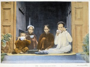 Måltid af en Annamit-familie, v. 1895, "" Jorden rundt", slutningen af det 19. århundrede. af Unknown photographer