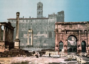 Rom. Saturn-templet og Settimo Severo-buen. Photochrome sd. omkring 1900. af Unknown photographer