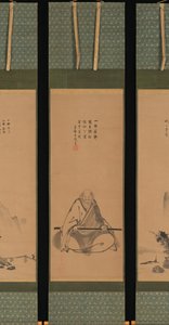 Zen-mester med meditationsstav og landskaber i kinesisk stil, sandsynligvis slutningen af 1620