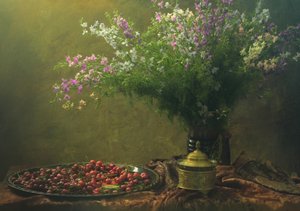 Vintage-kirsebær og vilde blomster af UstinaGreen