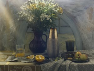 Vilde blomster og frisk frugt