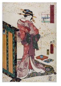 Dame med hånd på lakeret skærm, Edo-perioden, ca. 1857 (træsnit på papir) af Utagawa (1786-1865) Kunisada