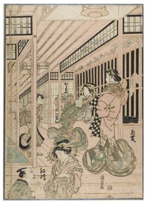 Scene fra Shin Yoshiwara (triptykon). Bordelinteriør i Yoshiwara-kvarteret med kurtisaner og kunder, ca. 1830-1843 (træsnit på papir) af Utagawa (1786-1865) Kunisada