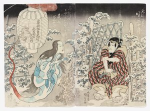 Seki Sanjūrō II som Kamiya Niemon og Onoe Kikugorō III fra Kamigata (Kudari) som lanternespøgelset, der hyldes i alle tre byer (Sanganotsu gohyōban no chōchin no yūrei)