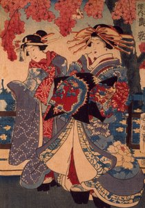 To kvinder i en blomsterhave, af Utagawa Kunisada, træsnit, creponteknik