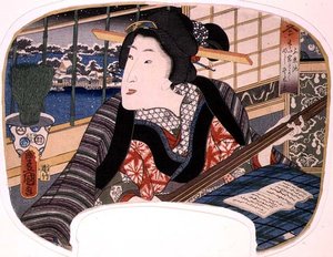 Winter, Shinobazu Pond; En geisha øver en ballade, design til en vifte fra et sæt på fire med illustrationer af årstiderne af Utagawa Kunisada