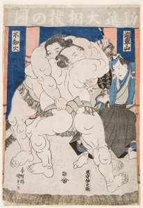 Kamp af sumobrydere. Tryk af Utagawa Kunisada (1786-1865) - Sumobrydere i aktion, af Kunisada (Toyokuni III), Utagawa (1786-1865). Farve træsnit. Mål: 37,5x26 cm. Privat samling af Utagawa Kunisada