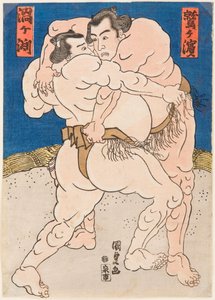 Kamp mellem sumobryderne Uzugafuchi og Washigahama. Estampe de Utagawa Kunisada (1786-1865), vers 1830 - Brydekamp Uzugafuchi vs Washigahama, af Kunisada (Toyokuni III), Utagawa (1786-1865). Farve træsnit, ca. 1830. Mål: 37x26 cm. Privat C