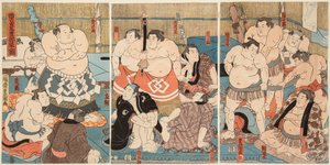 Et billede af ky-rummet, som blev holdt på det lille spillested. Illustreret af Utagawa Kunisada (1786-1865) af Utagawa Kunisada