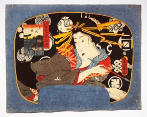 Courtesane med lang pibe, Hachiman tempel indsat til venstre af Utagawa Kunisada