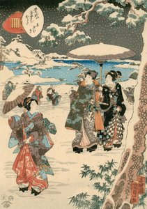 Figurer med parasoller i sne (En scene fra The Tale of Genji) (farvetræsnit på papir) af Utagawa (1786-1865) Kunisada