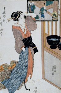 Hour of tiger, seventh hour of morning, Ca 1818, Ukiyo-e kunsttryk af Utagawa Kunisada (1786-1865) fra De tolv timer i Yoshiwara, Oban-tate-e træsnit, 37x24,9 cm, japansk civilisation af Utagawa Kunisada