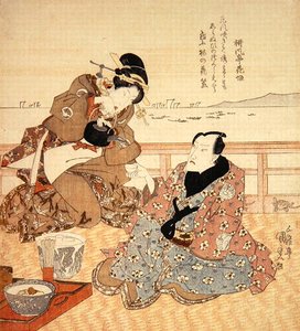 Onoe Kikugoro III tager te i Shinagawa, ca. 1825 (farvet træbloktryk) (se også 282741) af Utagawa Kunisada
