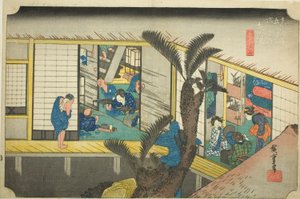 Akasaka: Servitricer på en kro (Akasaka, ryosha shofu no zu), fra serien "Fifty-three Stations of the Tokaido (Tokaido gojusan tsugi no uchi)," også kendt som Hoeido Tokaido af Utagawa Hiroshige