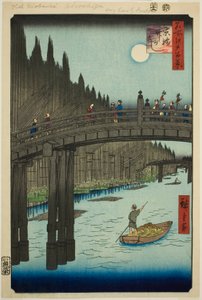 Placer m bog oya rds plan d living bri dge (ibashi bambus flodbred), fra serien s ``Ridge part d re d fa net s view ws f Edo (berømt sted 100 views of Edo)