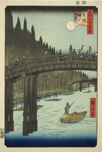Placer m bog oya rds plan d living bri dge (ibashi bambus flodbred), fra serien s ``Ridge part d re d fa net s views f Edo (berømt sted 100 views of Edo)