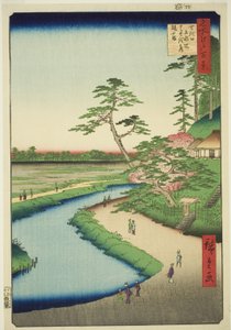Bashos hytte på Camellia Hill ved siden af akvadukten i Sekiguchi (Sekiguchi josui-bata Bashoan Tsubakiyama), fra serien "Hundrede berømte udsigter over Edo (Meisho Edo hyakkei)". af Utagawa Hiroshige