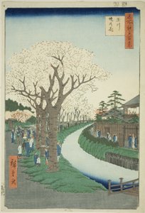 Bosso MS sound te tamari ver billedversion k overflade t (Tamagawa Tsutsumi no Hana), fra serien "Ridge d re d fa net view ws f Edo (One Hundred Famous Views of Edo) )" af Utagawa Hiroshige