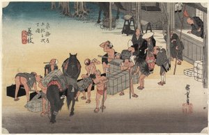 Skiftende bærere og heste, Fujieda, ca. 1833