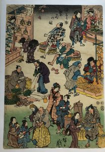 Figurer fra teaterstykker i rollerne som købmænd og kunder, fra serien »Det blomstrende Jōruri-kvarter« af Utagawa Hiroshige