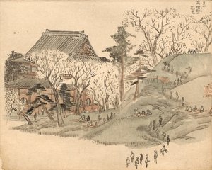 Kirsebærblomstskue ved templet på Suribachi-bjerget efter et motiv i bind 5 af »Ehon Edo miyage« (Billedbog om souvenirs fra Edo) af Utagawa Hiroshige