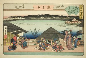 Kurtisaner, der ser kirsebærblomster på Horaitei Restaurant i Ikenohata (Ikenohata seiro hanami no yasumi, Horaitei), fra serien "Famous Restaurants of Edo (Edo komei kaitei zukushi)" af Utagawa Hiroshige