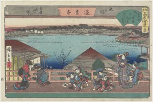 Kurtisaner, der ser kirsebærblomster ved Ho_raitei i Ikenohata, ca. 1835-1842