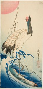 Trane, bølger og opgående sol af Utagawa Hiroshige