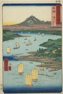 Dewa-provinsen: Mogami-floden og en fjern udsigt over Gassan-bjerget (Dewa, Mogamigawa, Gassan enbo), fra serien "Famous Places in the Sixty-odd Provinces (Rokujuyoshu meisho zue)" af Utagawa Hiroshige