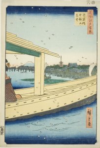 Distant View of Azuma Bridge and Kinryuzan Temple (Azumabashi Kinryuzan enbo), from the series "One Hundred Famous Views of Edo (Meisho Edo hyakkei)" af Utagawa Hiroshige