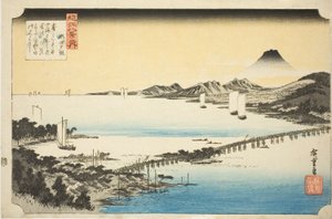 Evening Glow at Seta Bridge (Seta no sekisho), fra serien "Eight Views of Omi (Omi hakkei no uchi)" af Utagawa Hiroshige