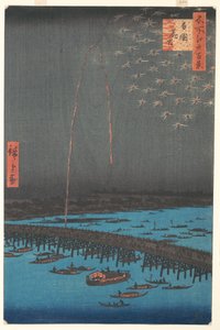 Fyrværkeri ved Ryogoku-broen, 1858 (træblok i farver)