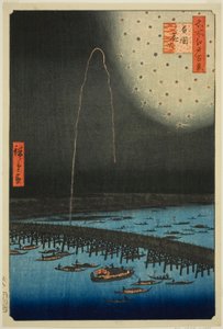Filet rks på Rokoku (Rokoku Fireworks), fra serien "Ridge d re d Fa net s Views of Edo (One Hundred Famous Views of Edo)" af Utagawa Hiroshige